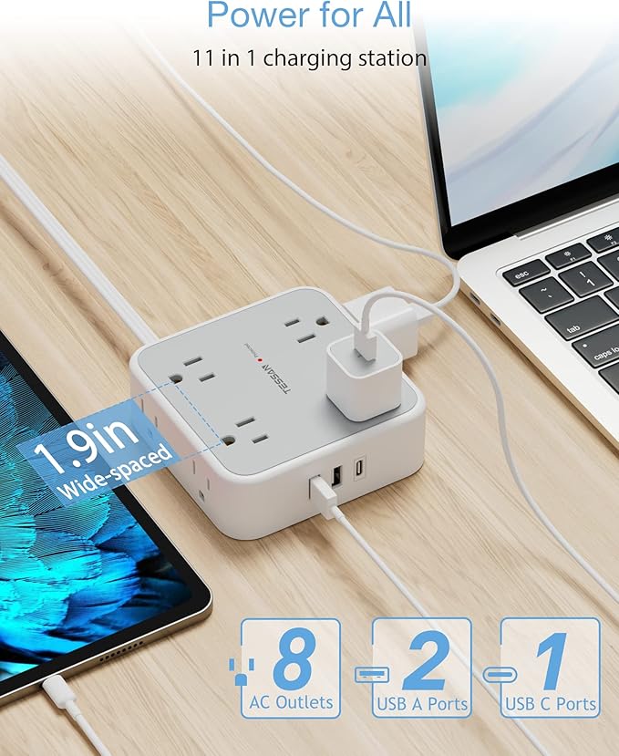 Power Strip Surge Protector 10 Ft Cord, 8 AC Outlets, 3 USB Charger(1 USB C Port), Ultra Thin Extension Cord, Flat Plug, 900 Joules Protection, Desk Charging Station for Home, Office Essentials