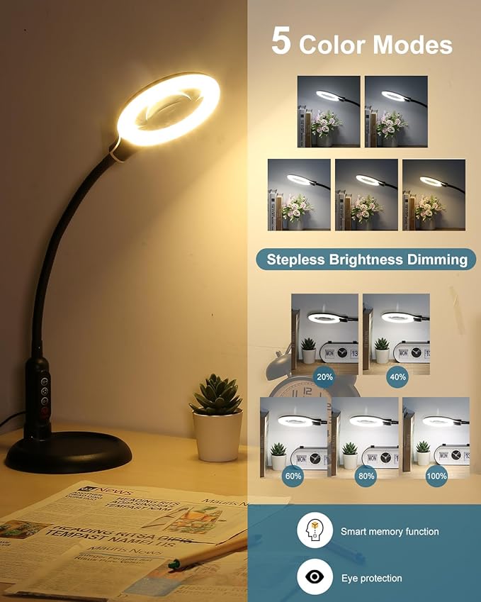 10X Magnifying Glass with Light and Stand, LED 5 Color Modes, Brightness Stepless Dimming Lighted Magnifier Hands Free, Flexible Gooseneck Desk Lamp with Clamp for Close Works, Crafts, Hobby, Painting