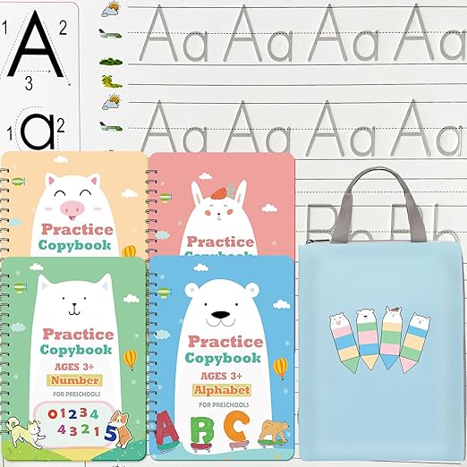 Reusable Grooved Handwriting Practice Workbook,Magic Practice Copybook,Reusable Writing Practice Book, for Preschool Kids Age 3-8 Calligraphy (Blue Bag, 10.3inx7.3in)
