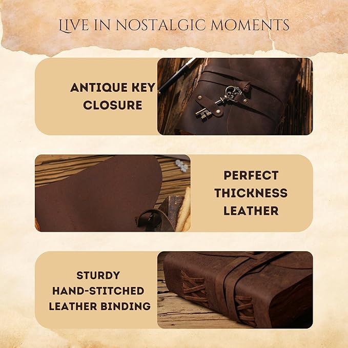 Fausta Vintage Handcrafted Leather Journal with Key for Writing, 240 Pages 7 x 5 inches, Deckled Cotton Paper Notebook/Diary for Men and Women 150 GSM Drawing/Sketchbook, Rustic Brown