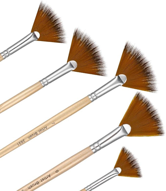 Prasacco 5 Pieces Fan Brush for Painting, Oil Acrylic Paint Brushes Artist Fan Brushes Nylon Hair Long Wood Handle Painting Brush for Acrylic Watercolor Oil Gouche Painting(1#, 3#, 5#, 7#, 9#)