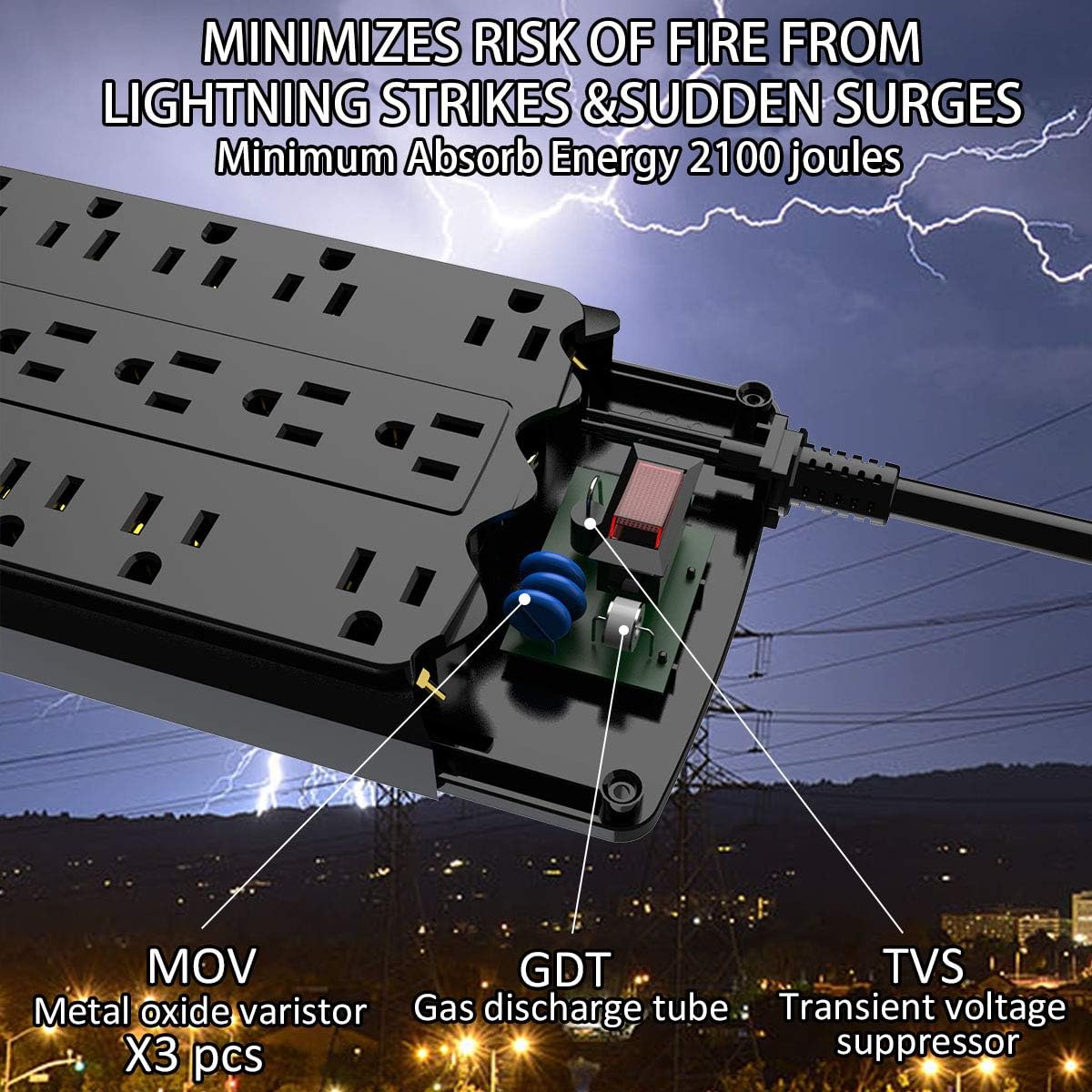 6FT Yintar Surge Protector Power Strip - Flat Plug Extension Cord with 18 AC Outlets for Home, Office, Dorm Essentials, 2100 Joules, ETL, Black