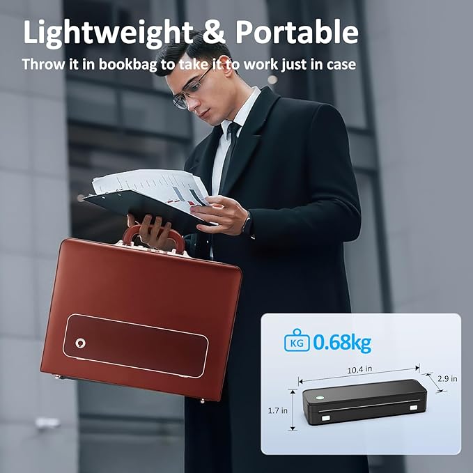Inkless Portable Printer for Travel, Wireless Thermal Printer Supports 8.5 x 11 Inch US Letter Size, Bluetooth Machine Includes Carry Case and 3 Rolls of Thermal Paper Kit, Black