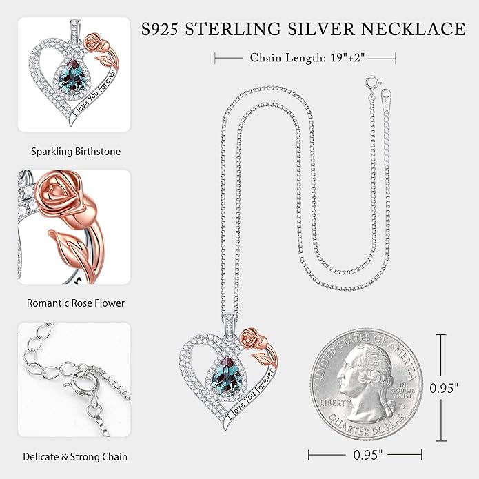Hidepoo Christmas Gifts for Women Mom Wife - Sterling Silver Rose Heart Birthstone Necklace I Love You Forever Heart Pendant Teardrop Necklace Jewelry Anniversary Valentines Christmas Birthday Gifts