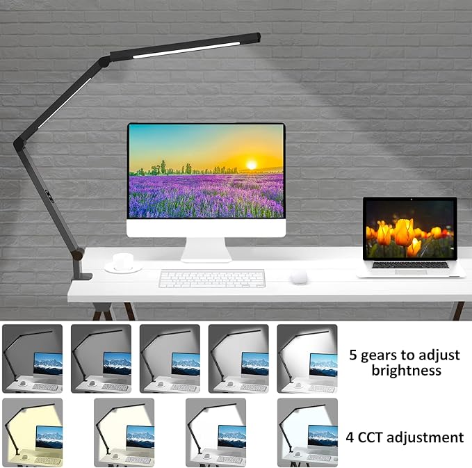 LED Desk Lamp with Clamp, Architect Desk Lamp with Dual Light and Adjustable Swing Arm, Clip-on Eye-Care 4 CCT Modes & 5 Brightness Levels Table Light Modern Desk Light for Home Office
