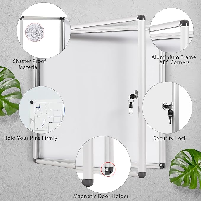 SWANCROWN Lockable Noticeboard White Bulletin Boards Magnetic Wall Mount Message Board with Glass Door and Keys 28x26inch(6xA4)