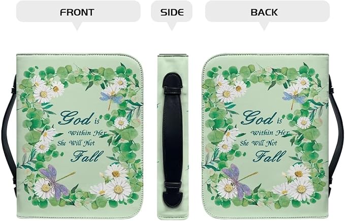 Lotusorchid Bible Book Cover for Women, Large Bible Cover Case with Verse, Sturdy Zippered Bible Carrying Case with Handle Pocket Portable Bible Bag for Bible Study, Green,L