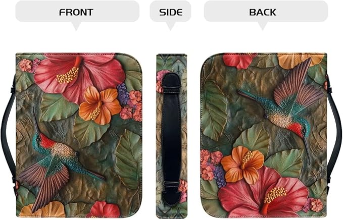 Lotusorchid Leather Bible Book Cover Case with Handle Pocket, Hummingbird Bible Cover Case with Pen Storage, Sturdy PU Bible Tote Bag, Bible Accessories, M