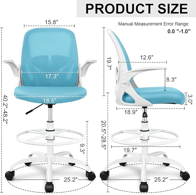 Primy Drafting Chair Tall Office Chair with Flip-up Armrests Executive Ergonomic Computer Standing Desk Chair with Lumbar Support and Adjustable Footrest Ring（Blue）
