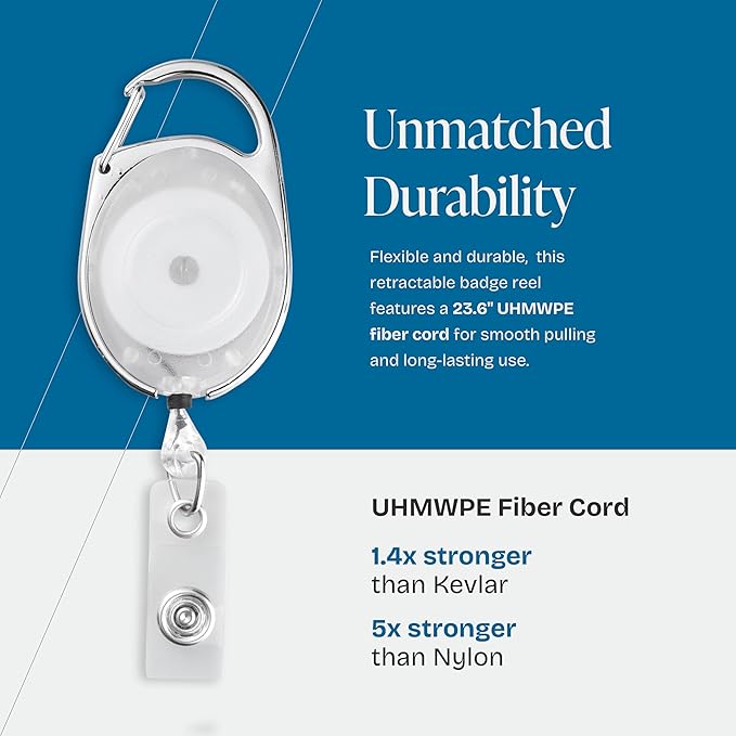 Will Well ID Badge Holders with Clip and Keyring - Horizontal Clear Plastic 3.7" x 2.5" Sleeves Fit Up to 3 Cards - Retractable 24" UHMWPE Fiber Pull Cords - 2-Pack, Transparent White Reels