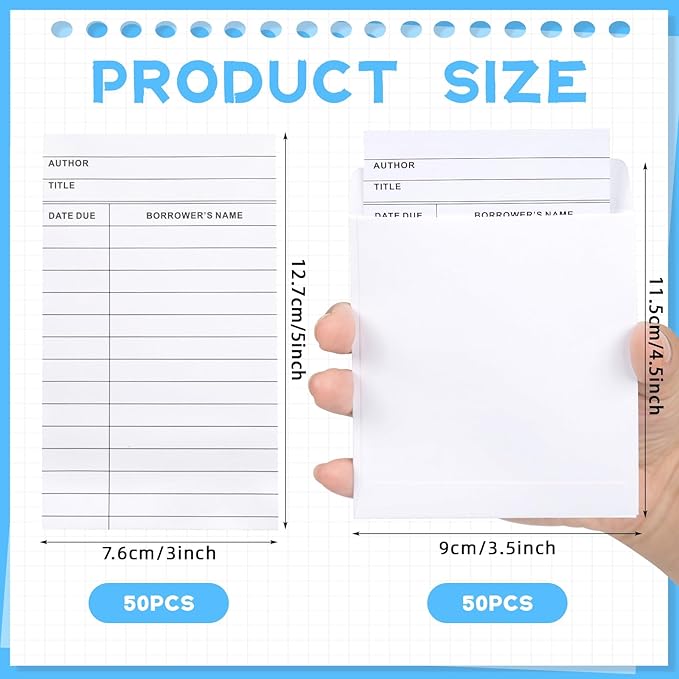 100 Piece Library Pockets & Cards - Check Out Cards & Book Envelopes for School, Office & Public Library