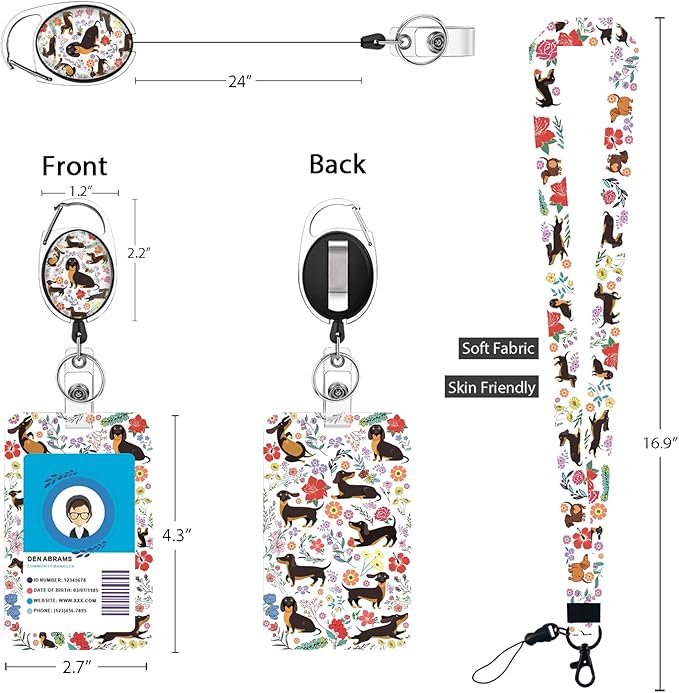 Cute Dachshund Badge Reels Retractable with Carabiner Reel Clip, ID Badge Holder Case with Detachable Lanyard Keychain, Nurse Doctor Office School Teacher Name Credit Card Pocket