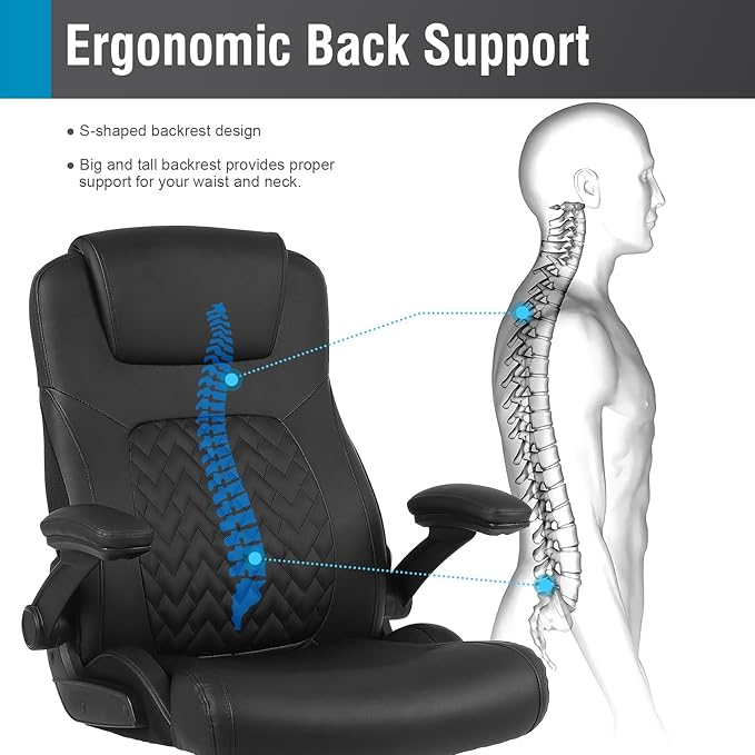 Flysky Executive Ergonomic Office Chair - Big and Tall Office Chair for Heavy People, PU Leather Computer Desk Chair with Flip-up Armrest, Comfortable Wide High Back PC Work Chair