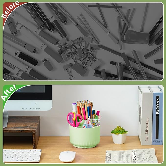 Marbrasse Desk Organizer, 360-Degree Rotating Pen Pencil Holder for Desk, Desk Organizers and Accessories with 5 Compartments Pencil Organizer, Art Supply Storage Box Caddy for Office, Home(Green)