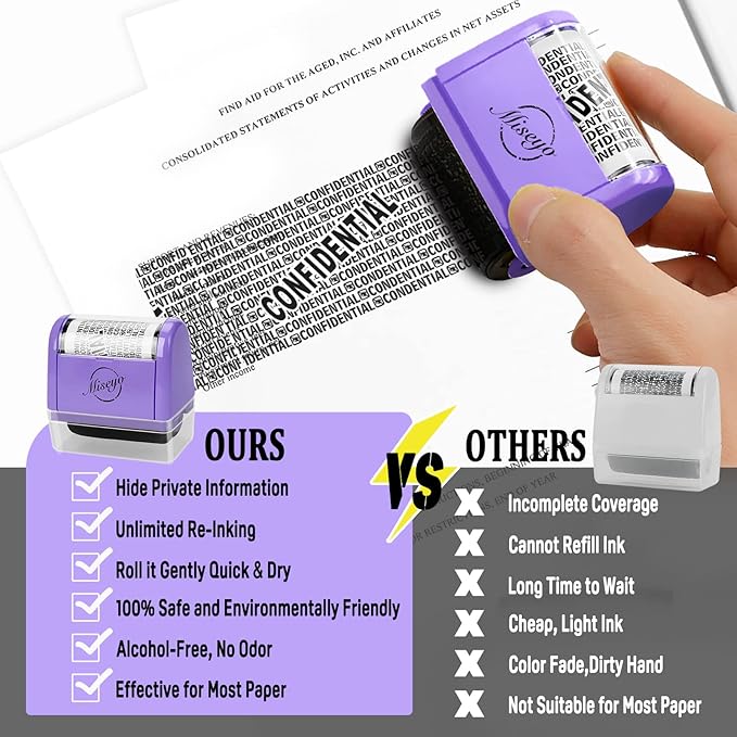 Miseyo Wide Roller Stamp Identity Theft Stamp 1.5 Inch Perfect for Privacy Protection - 3Pack Set (Purple)