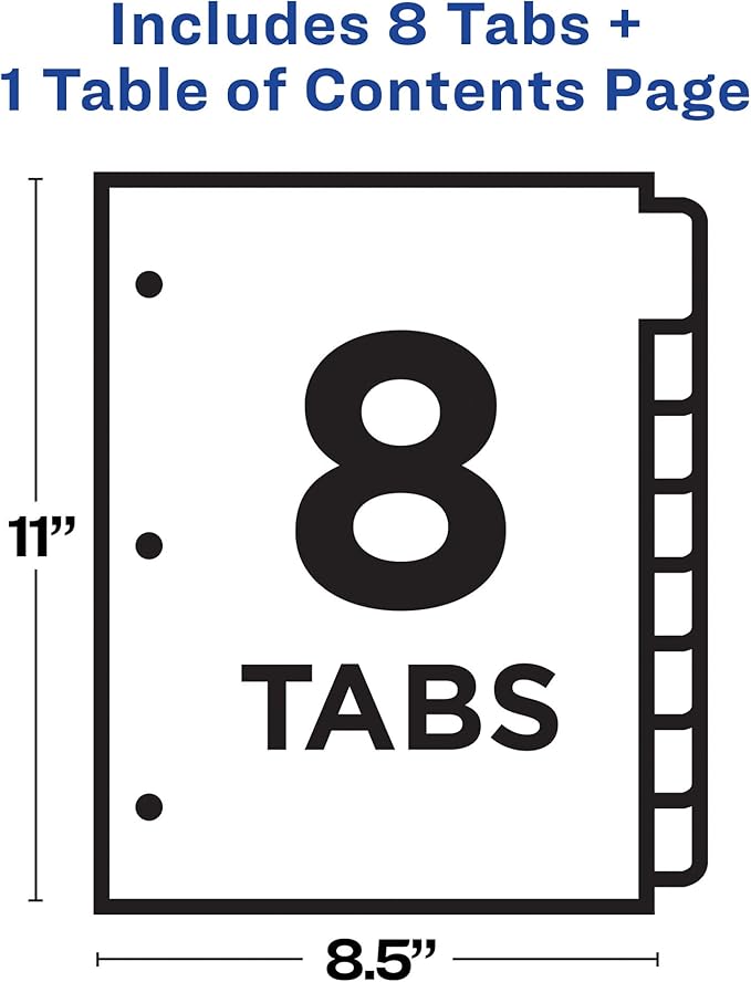 Avery 8 Tab Dividers for 3 Ring Binders, Customizable Table of Contents, Multicolor Tabs, 1 Set (11133)