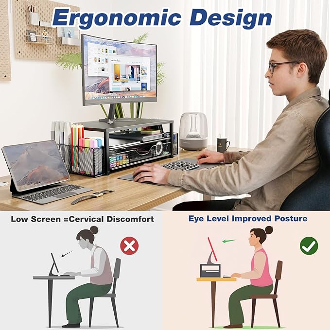 Desk Organizers and Accessories, 2-Tier Computer Monitor Stand for Desk Organizer with Drawer and 2 Pen Holders, Office Desk Accessories Workspace Desktop Organizers for Office Supplies, Black