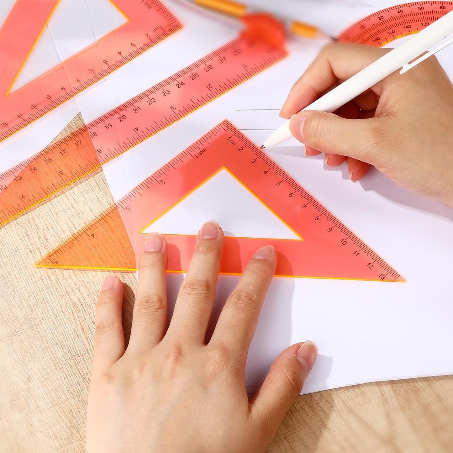 Tenare 6 Pcs Plastic Ruler Math Set Includes 12 Inch 6 Inch Straight Protractor Triangle Geometry Transparent Math Ruler Measuring Tools for School Office Home (Orange)