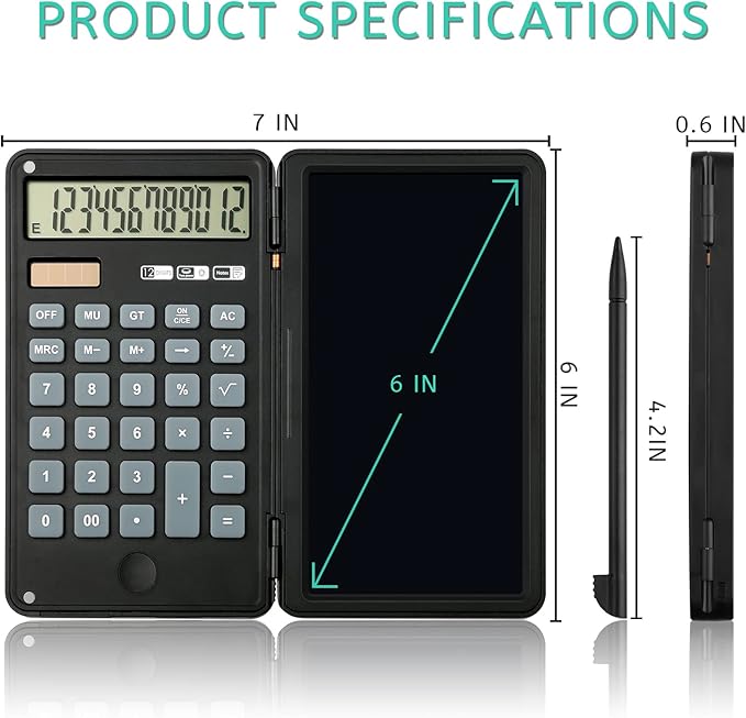 Calculator, 12-Digit Large Display Office Desk Calcultors with Erasable Writing Table, Solar and Battery Dual Power Pocket Desktop Calculator for Basic Financial Home School, Black
