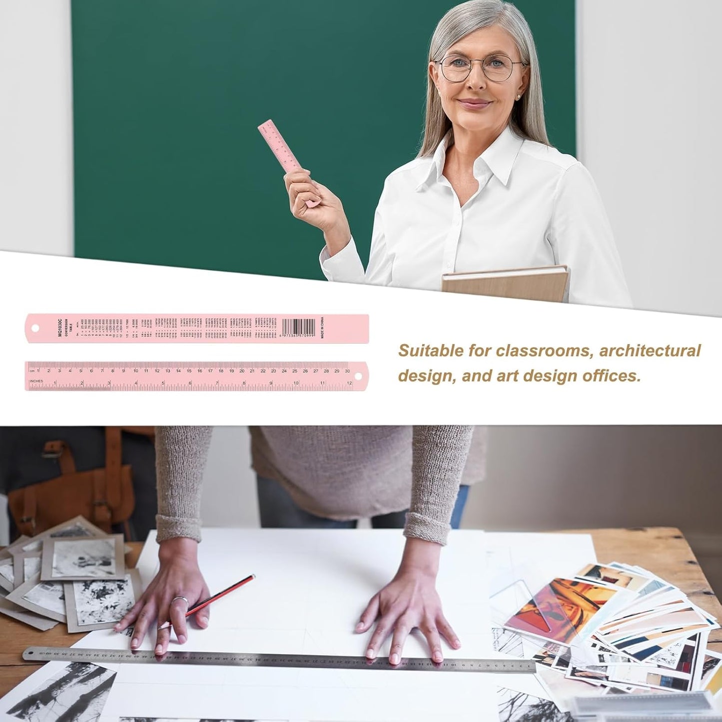 HARFINGTON 6pcs Metal Straight Ruler 30cm Metric SAE Aluminum Alloy Measuring Rulers Scale Tool with Hole for Measure Study Reading Classroom Office, Pink