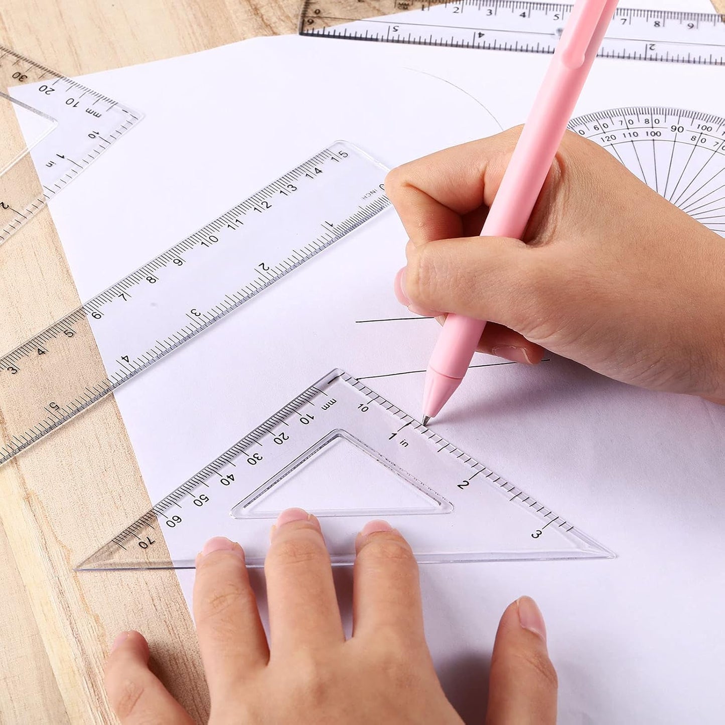 Tenare 18 Pcs Plastic Clear Math Set Includes Protractor Triangle Rulers 12 Inch 6 Inch Straight Geometry Math Transparent Ruler Measuring Tool for School Office Home Supplies