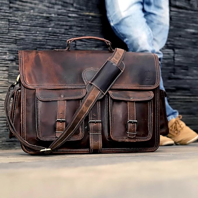 cuero Leather Messenger Bag for Men, 16 Inch Laptop Bag, Crossbody Bag Men, Vintage Handmade Leather Satchel Bag Men, Full Grain Business Briefcase Shoulder Bag for Office/Work/Travel - Brown