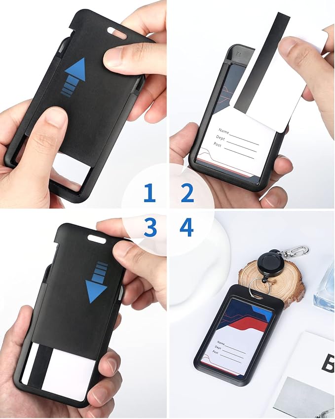 Uniclife 2 Pack Sliding Badge Holder Hard Black Vertical Plastic Card Case Protector with Retractable Badge Reel Carabiner for Office School ID Credit Proximity Key Card Driver’s License and Pass