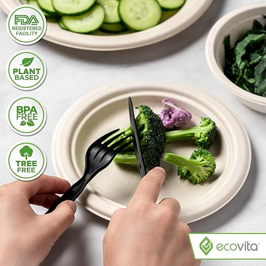 100% Compostable Forks Spoons Knives Cutlery Combo Set - 380 Large Disposable Utensils (7 in.) Eco Friendly Durable and Heat Resistant Alternative to Plastic Silverware with Convenient Tray