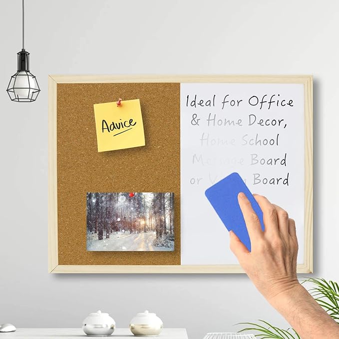 OWLKELA Dry Erase Cork Board 16.5"x12.6", Notice Pin Board, Memo Board, Vision Board, Bulletin Board for Office, Classroom or Home, Mounting Hardware and Push Pins Included, Wooden Frame