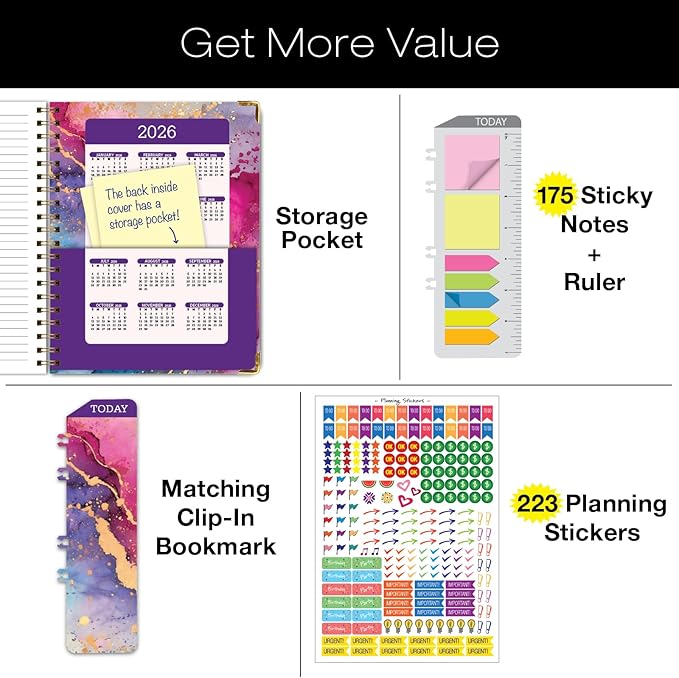 HARDCOVER 2025 Planner, 8.5"x11": 14 Months (November 2024 - December 2025), Daily Weekly Monthly Planner, Yearly Agenda, Bookmark, Pocket Folder and Sticky Note Set (Rainbow Gold Marble)