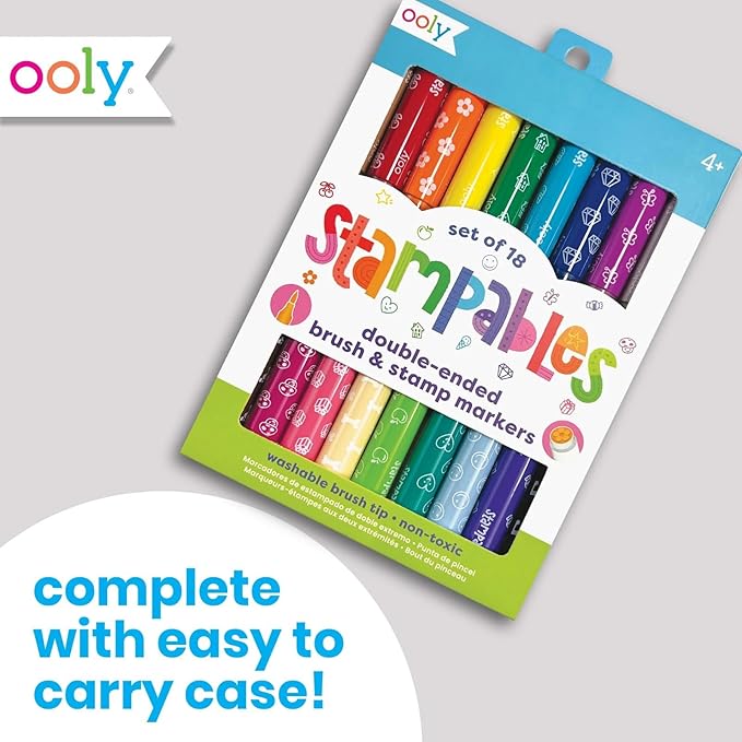 Ooly 18 Double-Sided Stamping Markers, Easter Activities for Kids - Brush Tip plus Stamp, Cute School Suplies - DOUBLE-ENDED STAMP MARKERS