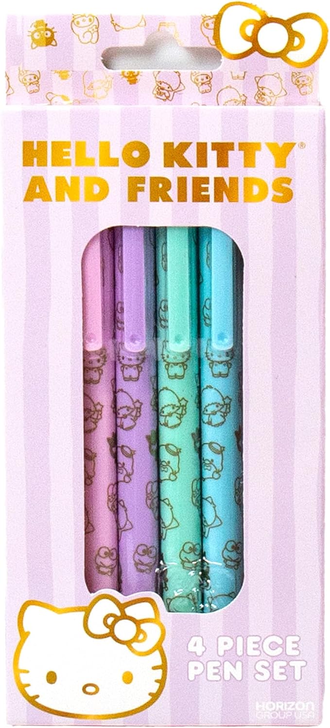 Sanrio Hello Kitty & Friends 4-Piece Pen Set - My Melody, Kuromi, Kawaii & School Supplies, Black