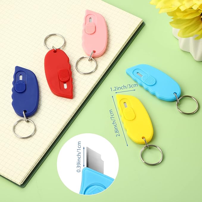 5 Pcs Mini Portable Box Cutter Auto Retractable Blade Pocket Knives Utility Office Letter Opener Small Box Opener for Opening Packages Paper Cutting DIY Crafts, 5 Colors