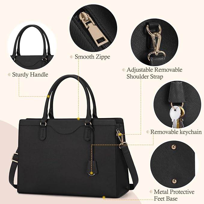RAINSMORE Laptop Bag for Women 15.6 Inch Waterproof Leather Computer Tote Bag Professional Business Office Work Bags Briefcase Large Capacity Lightweight Women Handbag Shoulder Bag, Black