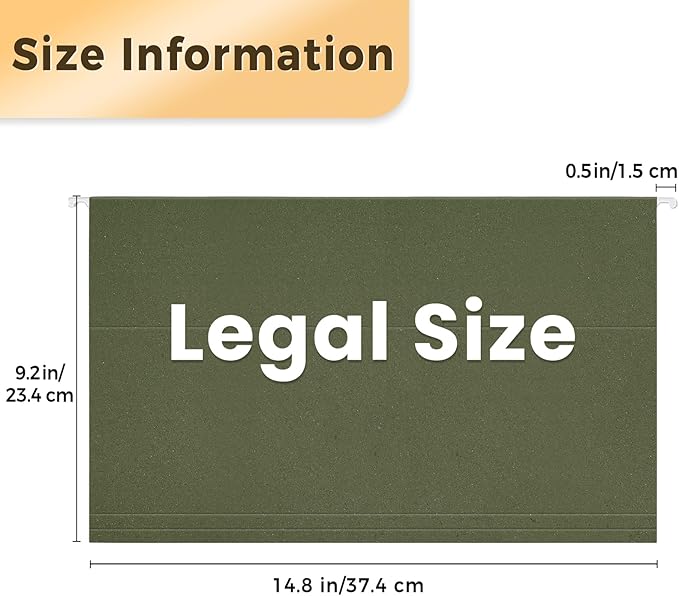 SUNEE Hanging File Folders Legal Size,25 Pack Reinforced Hang Folders, Adjustable 1/5-Cut Tabs, Designed for Bulky Files, Filing Cabinet, Standard Green