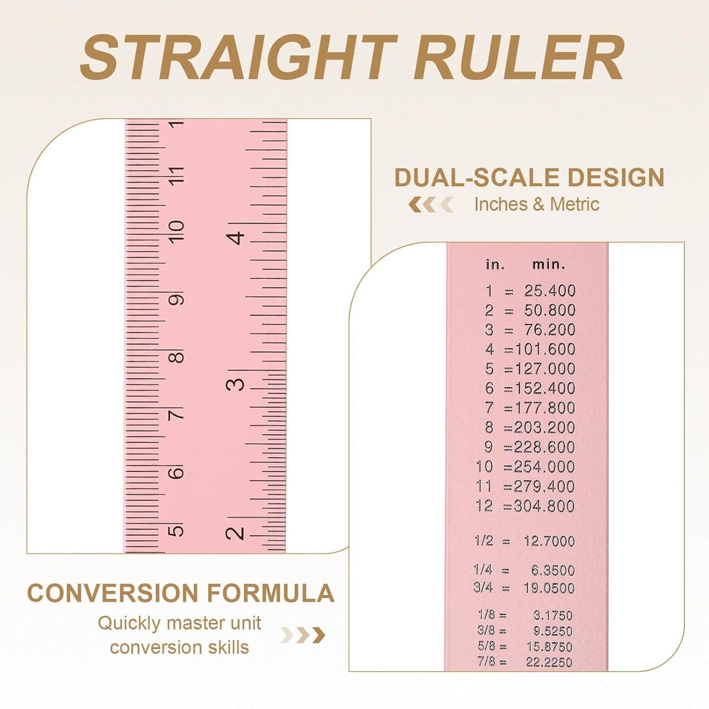 HARFINGTON 4pcs Metal Straight Ruler 15cm Metric SAE Aluminum Alloy Measuring Rulers Scale Tool with Hole for Measure Study Reading Classroom Office, Pink