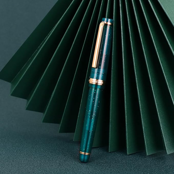 Jinhao 82 Acrylic Fountain Pen, Iridium Medium Nib with Ink Converter, Transparent Peacock Blue Fluorescent Classic Design Smooth Writing Pen (Gold Trim)