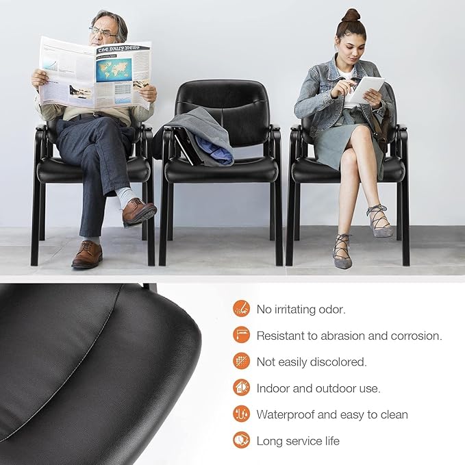 Sweetcrispy Office Reception Guest Chair No Wheels Set of 8, Leather Stationary Waiting Room Chairs with Padded Arms for Elderly Desk Conference Room Lobby Table Side Salon