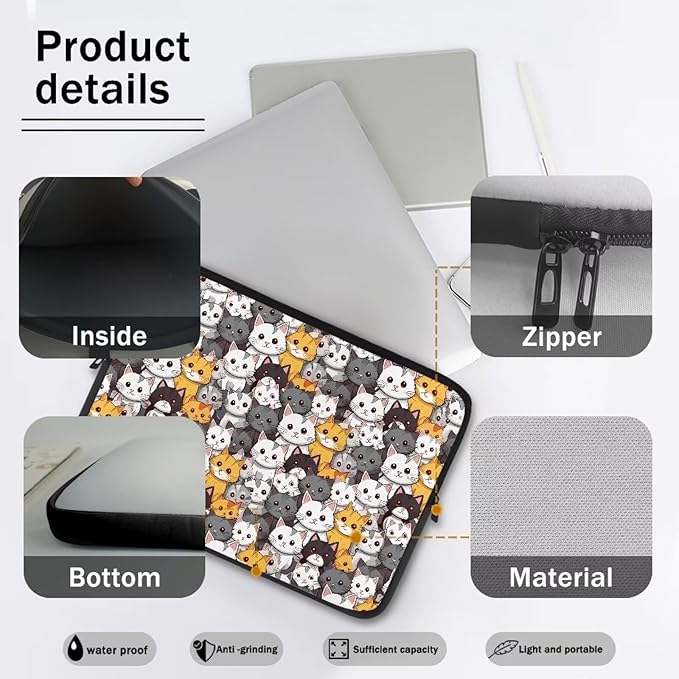 Cartoon Cats Printed Laptop Bag for Women Men, 13 Inch Laptop Sleeve Case Water Resistant Neoprene Computer Case Bag Laptop Briefcase Tablet Briefcase Carrying Bag, Multicolor