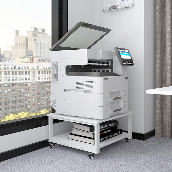 Natwind 2 Tier Laser Printer Stand,23.6''x23.6''x12.6'' Large Printer Table Copier Stand,Heavy Duty Rolling Printer Cart with Paper Storage Shelf,Printer Holder with Wheels for Home Office (White)