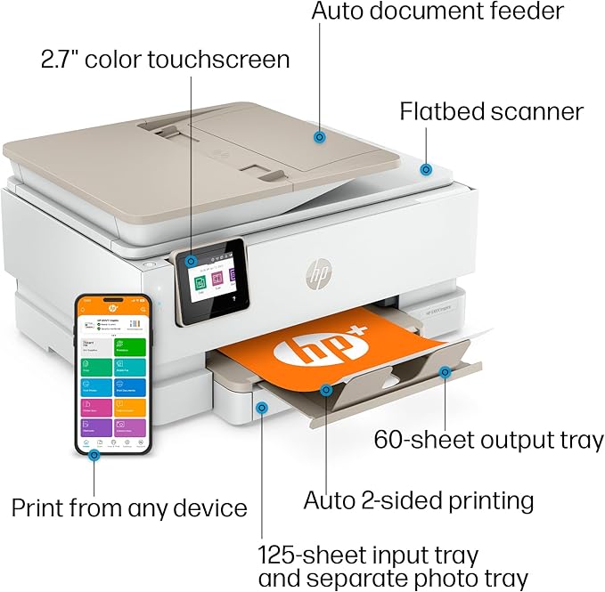 HP Envy Inspire 7955e Inkjet Printer All in One Wireless Printer Copy Scanners 2.7 Inch Touchscreen 15ppm Black 10ppm Color Phone Computer Wireless Printers for Home Use Office 1W2Y8A (Renewed)