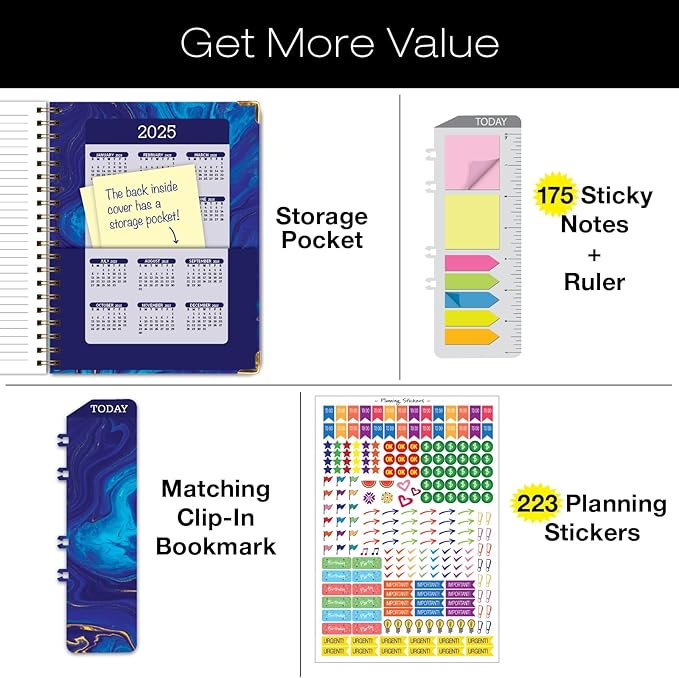 HARDCOVER Academic Year 2024-2025 Planner: (June 2024 Through July 2025) 8.5"x11" Daily Weekly Monthly Planner Yearly Agenda. Bookmark, Pocket Folder and Sticky Note Set (Dark Blue Marble)