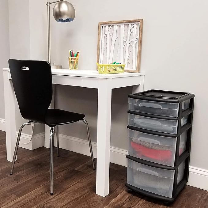 HOMZ 4-Drawer Plastic Storage Cart Organizer with Removable Wheels, Black Frame