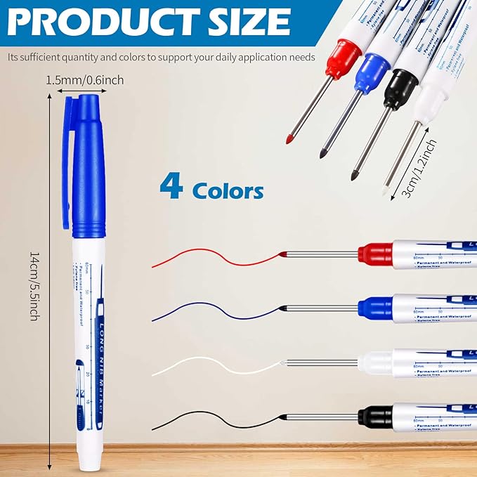 4 Pcs Deep Reach Markers Long Nose Waterproof Deep Hole Marker Carpenter Ink 30 mm Reach Permanent and Pens for Carpenters Builders Construction, 4 Colors