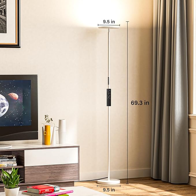 Modern LED Floor Lamp - Remote & Touch Control, 40W/2400LM Sky Torchiere Standing Lamp, Fully Dimmable, 3 Color Temperatures, Ideal for Living Room & Bedroom, Easy to Assemble(White)