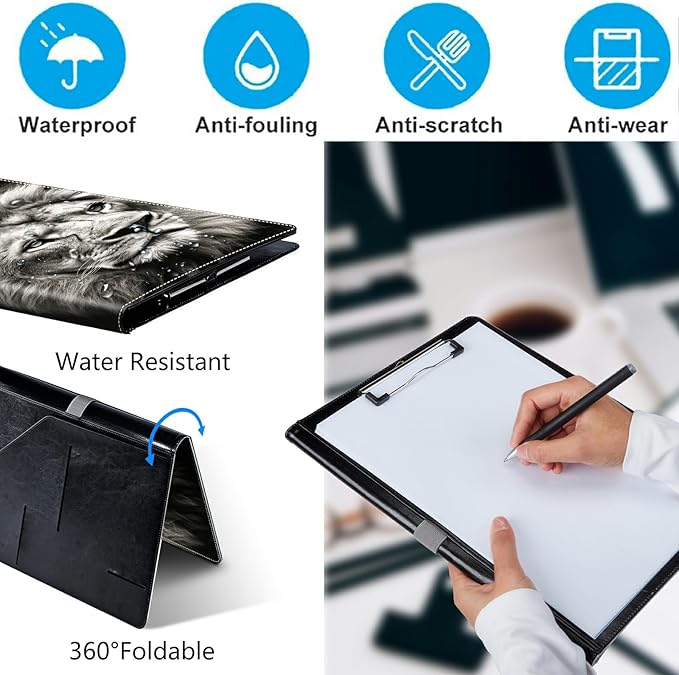 Lion PU Leather Padfolio Clipboard Notepad with Pen Loop and Elastic Strap Interview/Resume Document Organizer for Business School Office