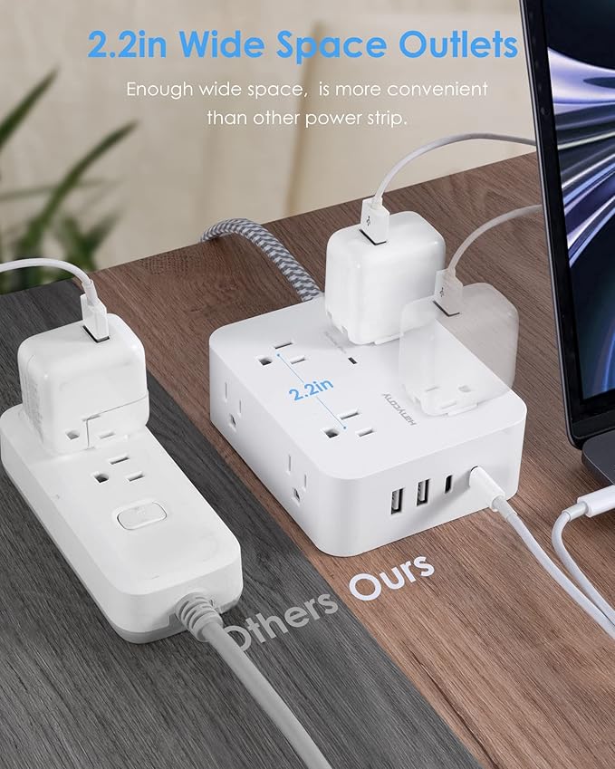 6Ft Surge Protector Power Strip with USB C, Extension Cord with 8 Wide Outlets(2.2 IN) and 4 USB Ports(2 USB C), Flat Plug, Wall Mount, 3 Side Outlet Extender for Home Dorm Room Essentials, ETL Listed