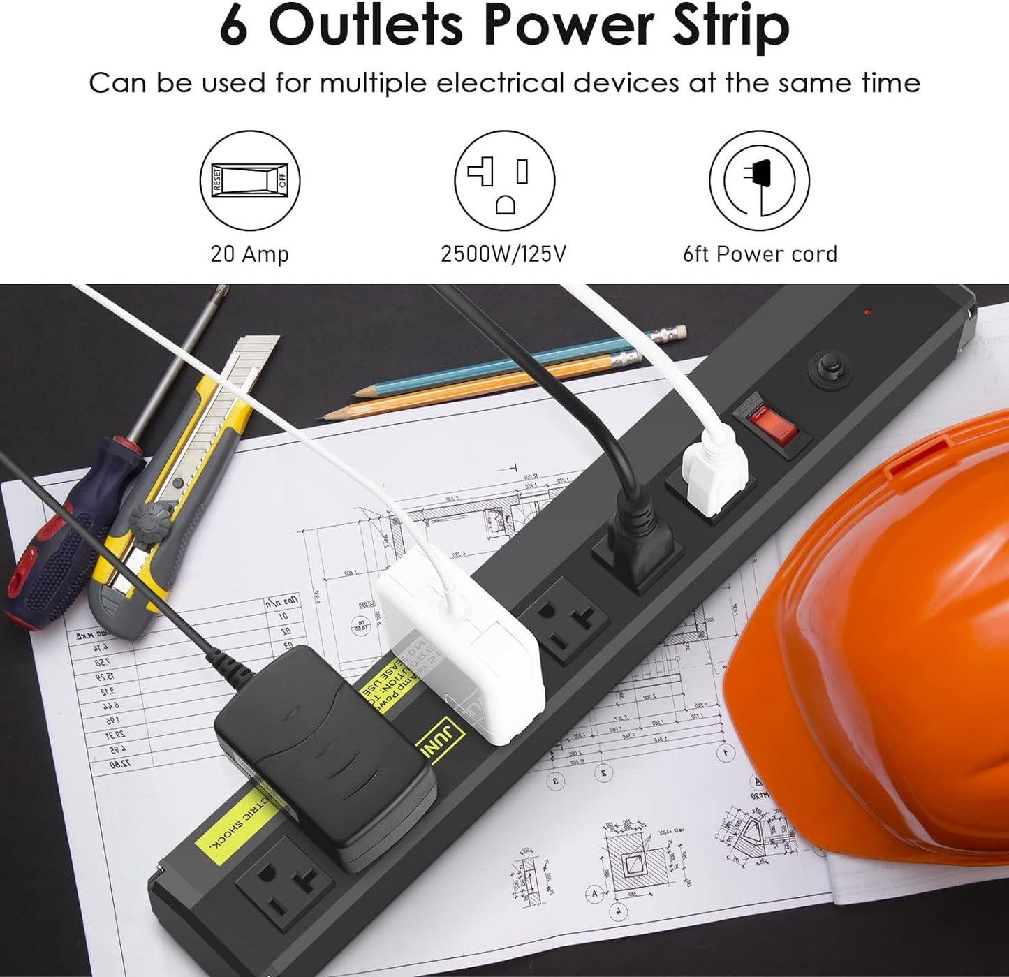 JUNNUJ Heavy Duty Metal Power Strip 20 Amp, High Amp Surge Protector 6 Outlet, 20A Power Strips Workshop Industrial Outlets Wide Spaced 6-20R T-Slot with Circuit Breaker, 12 Gauge Extension Cord 15ft