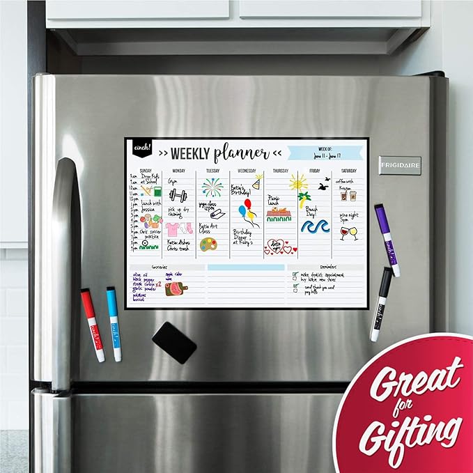 Cinch! 17x12-Inch Magnetic Weekly Planner for Fridge - Weekly Calendar and Meal Planner - Stain Resistant Dry Erase Whiteboard with 4 Fine Tip Markers and Eraser for Easy Scheduling