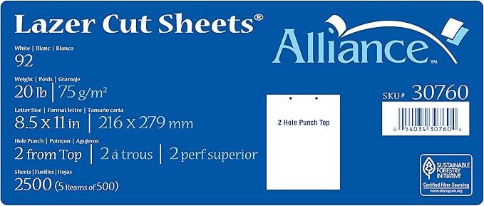 Prepunched Paper Alliance Laser Cut Sheet 2 Hole Top Punch 8.5 x 11 inch, 20 lb, 92 Bright, 80 Cartons, 200,000 sheets